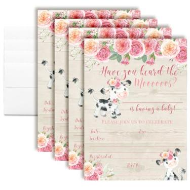 Imagem de Convites para chá de bebê com tema de vaca floral rosa aquarela, 4 cartões de preenchimento de 12,7 x 17,8 cm com quatro envelopes brancos da AmandaCreation