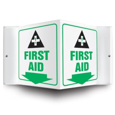 Imagem de Accuform Placa de projeção PSP605 3D, First AID (Arrow Down)" com gráfico, painel de 15 x 12,7 cm, plástico de alto impacto de 0,3 cm de espessura, orifícios de montagem pré-perfurados, verde/preto em
