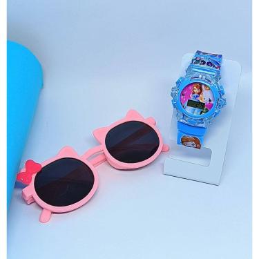 Imagem de Kit Relógio Infantil Digital Pisca Luz Led Toca Musica Peppa Frozen + Óculos de Sol Menina Gatinho com Laço Tendência