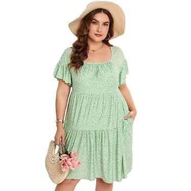 Imagem de Vestido plus size feminino plus size floral decote V manga curta comprimento até o joelho mini vestidos evasê, Flor verde, 5G