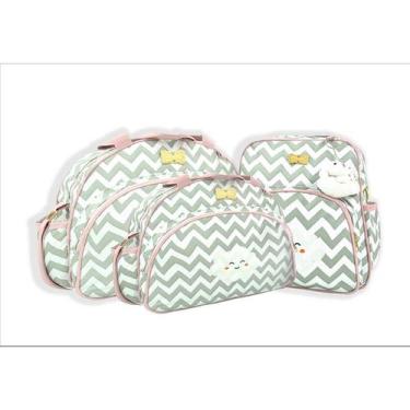 Imagem de Kit Bolsa Saida Maternidade Chevron Nuvem 3 Peças Cinza com Rosa Ataca