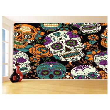 Imagem de Papel De Parede 3D Arte Caveiras Mexicanas Flor 3,5M Tra133 - Você Dec