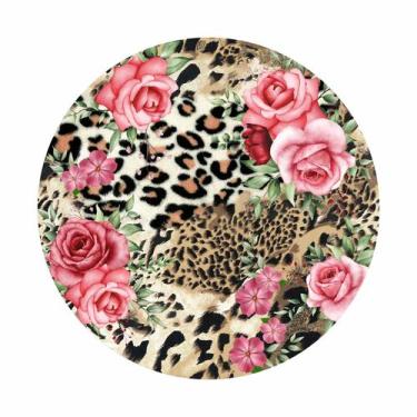 Imagem de Painel de Tecido Sublimado Redondo Animal Print Leopardo Flores Rosas 