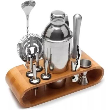 Imagem de Kit Homebar 12 Peças Inox Suporte Madeira Coqueteleira 500ml - Xdx