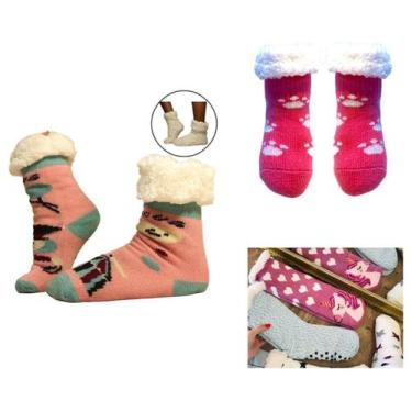 Imagem de Meia Pantufa Infantil Menina: Lã Forrada com Pelúcia e Solado Antiderr