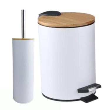 Imagem de Lixeira Com Pedal 5L e Escova Sanitária Inox Tampa de Bambu - Rio Home