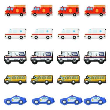 Imagem de Ornazy 20 peças, 5 estilos, contas focais de silicone para veículos, contas com tema de carro, ambulância, caminhão de bombeiros, ônibus, contas espaçadoras soltas para chaveiro e pulseira