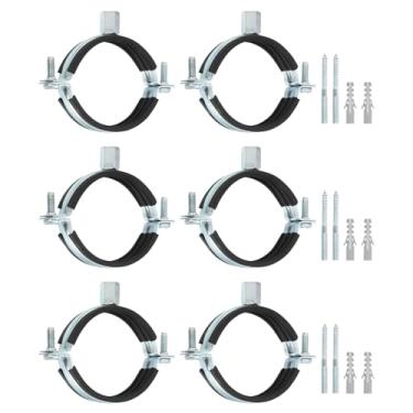 Imagem de uxcell 6 peças de braçadeira de suporte de tubo ajustável, 2-1/2" (64 mm) suporte de parede para teto anel dividido gancho de tubo de ferro galvanizado suporte de correia de tubo com parafuso e tubo
