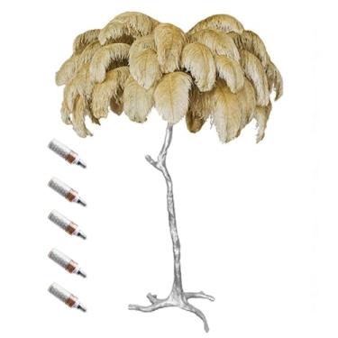 Imagem de Luminária de pé de luxo com pena de avestruz natural com 3 lâmpadas de LED E14 de temperatura de cor, poste dourado e luz de base para decoração