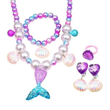 Imagem de Kit Acessórios Infantil De Sereia Colar Brinco Pulseira Anel - Só Prin