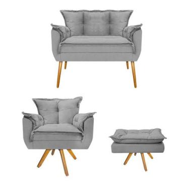Imagem de Kit Namoradeira, Poltrona e Puff Opala Base Giratória de Madeira Suede