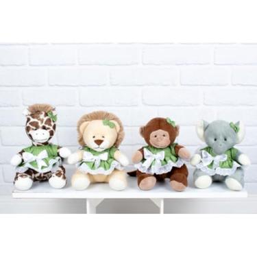 Imagem de CONJUNTO DE PELUCIAS SAFARI PROVENCE - LEÃO, GIRAFA, MACACO, ELEFANTE, 22 CM/VESTIDO COM LESE (verde liso)