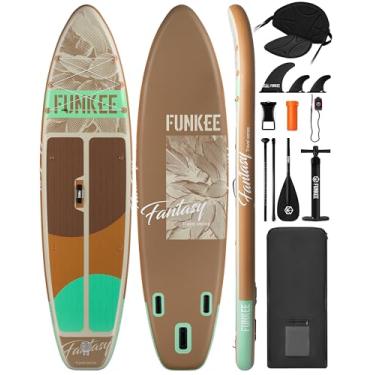 Imagem de FUNKEE Prancha de stand up paddle inflável extra larga de 11'×34"×6" com assento, prancha de sup com barbatanas removíveis, remo de 4 peças, trela de segurança, capa de telefone flutuante pa