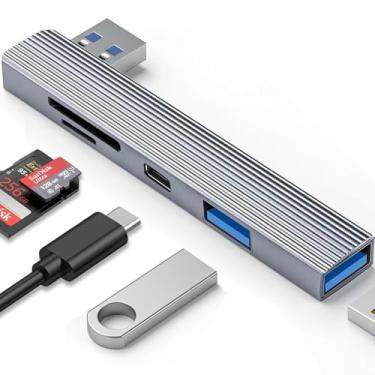 Imagem de Hub USB 5 em 1 com leitor de cartão SD/TF de memória, fone de ouvido e dados USB C, portas USB 2.0, leitor de cartão USB para SD, divisor USB, extensor USB para MacBook, iMac, XPS, PC, pen drive, HDD