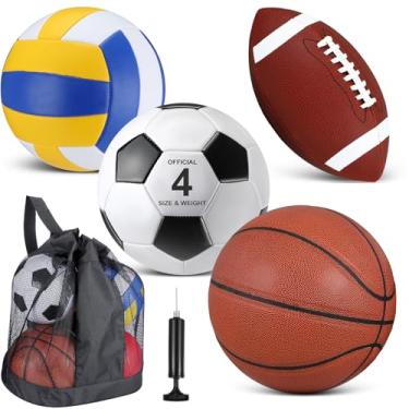 Imagem de HyDren Conjunto de 4 bolas esportivas sortidas para crianças, presente escolar, operação de Natal, tamanho oficial, basquete, futebol, vôlei com bolsa de transporte e bomba para crianças de parquinho