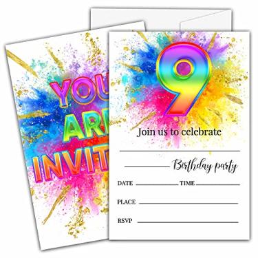 Imagem de Ycyfckdr Convites de aniversário de 9 anos para crianças, cartões de convite de festa de aniversário de pintura de arco-íris, decoração de artigos de celebração de festa em folha dourada - 20 convites