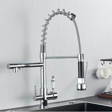 Imagem de Filtro Purificação Água Torneira de Cozinha 3 Cores Pura Água Torneiras de Cozinha Pull Down Torneira Misturadora de Água Quente Fria, Cromado A