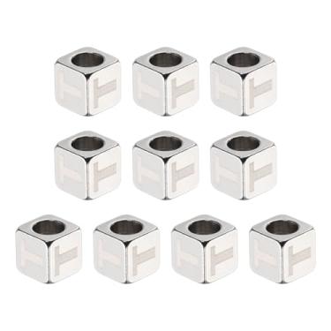 Imagem de HARFINGTON 10 peças de contas de aço inoxidável letras alfabeto letra t cubo prata metálico grande quadrado contas de dados de metal para joias, pulseiras, colares e brincos