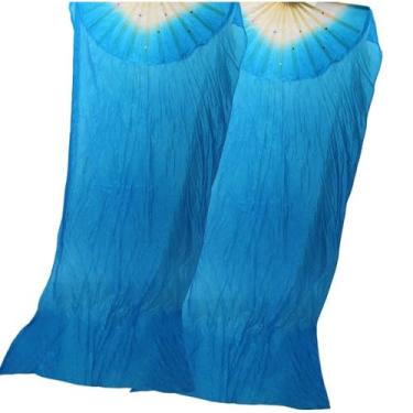 Imagem de SCDZCAR 1 par de leques de seda artificial de dança do ventre de 1,8 m véus de bambu feitos à mão chineses leques longos adoração louvor bandeira flâmula (azul)