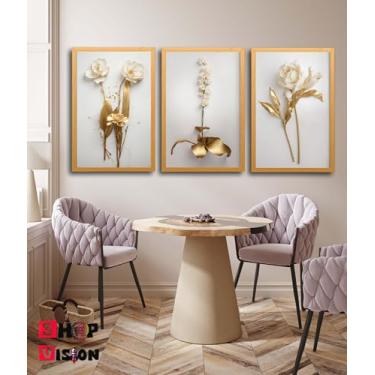 Imagem de Quadro Decorativos Quarto Sala Flor Tulipa Branca Dourada Ouro Trio 3 Peças (09)