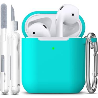 Imagem de R-fun Capa protetora compatível com AirPods, capa protetora de silicone macio com chaveiro para mulheres e homens, compatível com Apple AirPods 2ª 1ª geração, LED frontal visível, azul-petróleo