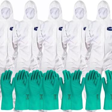 Imagem de 5 Macacão químico BRANCO CA 42.194 CAPUZ E ZIPER com luvas nitrílica -