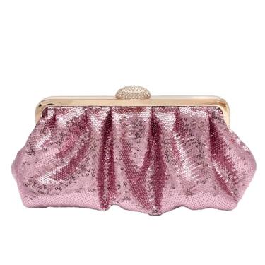Imagem de lapulio Bolsa clutch plissada com lantejoulas de escama de peixe de cor sólida com strass brilhante bolsa transversal para mulheres, Fúcsia