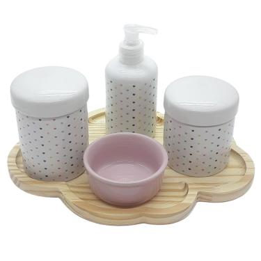Imagem de Kit higiene 5 peças Poá Colorido - Molh. Rosa -Bandeja Nuvem