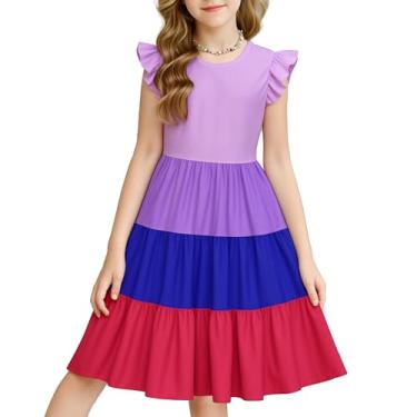 Imagem de LQSZ Vestidos casuais de verão para meninas com manga curta em camadas rodado vestido midi escolar 3-12 anos, B - roxo, 4-5 Anos