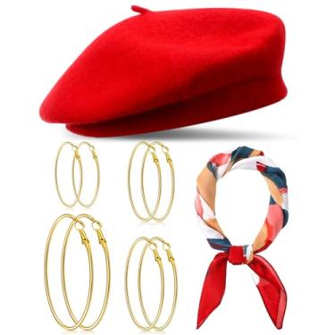 Imagem de Shyyween Conjunto de 6 peças de cachecol de seda com sensação de 70 cm, boina francesa, para mulheres, conjunto de brincos de argola banhados a ouro, tinta a óleo, lenço de cabeça para presente