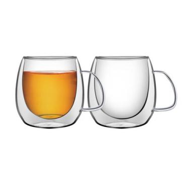 Imagem de Conjunto de Xícaras para Chá e Cappuccino 300ml Vidro Duplo com Alças 
