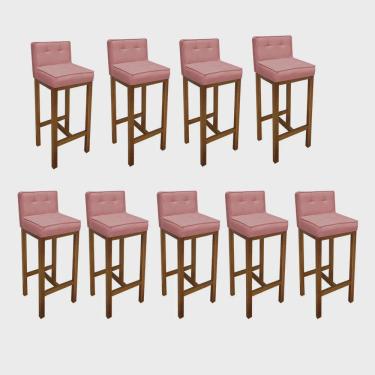 Imagem de Kit 09 Banqueta Alta Com Encosto Alba Cozinha Balcão Bistrô Base Madeira Rústico Suede Rose Gold - Ahz Móveis