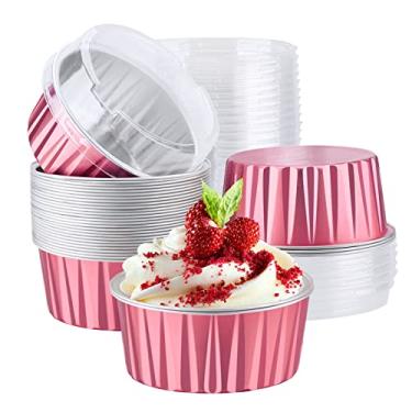 Imagem de EUSOAR Copos de alumínio com tampas, 30 unidades de 142 g forros descartáveis de alumínio para muffin Ramekins, copos descartáveis para assar, mini formas de torta para creme brulee ou cupcake-carmim