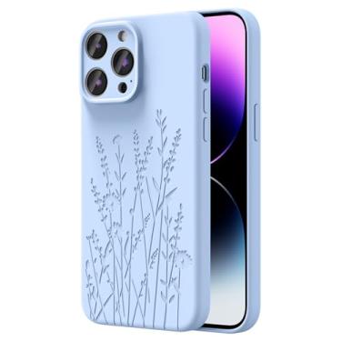 Imagem de OAOA Capa gravada magnética compatível com iPhone 14 Pro Max, compatível com Magsafe, proteção completa para câmera, capa de telefone fina de silicone líquido para mulheres e meninas, flor azul bebê