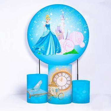 Imagem de Kit Painel de Festa Redondo de 1,50m e Trio de Cilindros Cinderela - Fera Print