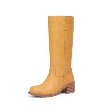 Imagem de Adolilove Botas Femininas De Cano Médio, Salto Grosso E Bloco, Cano Alto, Bico Quadrado, Confortáveis, Casuais, Salto Baixo, Modernas E Estilosas, Amarelas, Tamanho 9,5