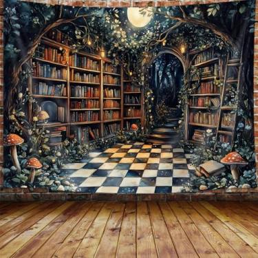 Imagem de JAWO Tapeçaria de Fada Fantasia, Estética, Cogumelo Bruxo, Lua, Biblioteca Vintage, Natureza, Tapeçaria para Quarto, Estante Mágica Retrô Escuro, Tapeçarias, Cartazes, Dormitório, Decoração de Casa