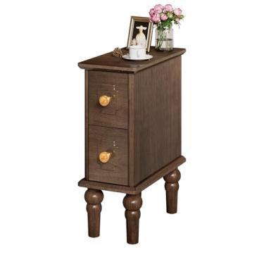Imagem de Mesa de cabeceira pequena, mesa de cabeceira estreita de madeira maciça com 2 gavetas, mesa de cabeceira moderna de nogueira de meados do século, mesa lateral pequena para quarto (20 cm)