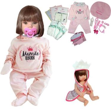 Imagem de Boneca Bebê Mamãe Reborn Silicone Bolsa + 28 Itens Rosa Bebê