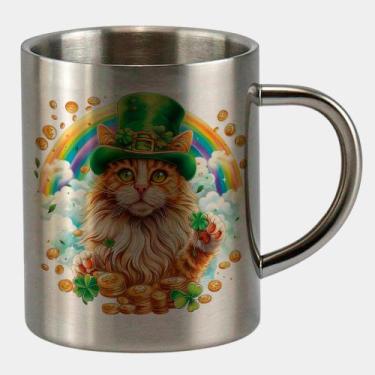 Imagem de Caneca de Inox Premium Prateada 400ml GATINHO ST PATRICKS DAY ARCO IRI
