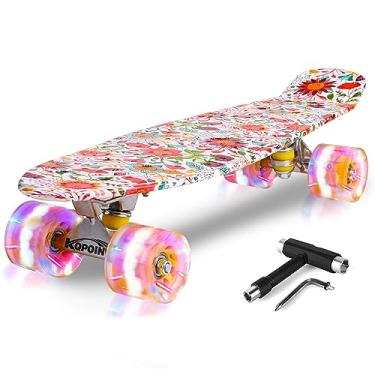 Imagem de Kqpoinw Skate infantil, skate completo de 55,88 cm para crianças, adolescentes, meninas, iniciantes, prancha de skate, penny board com padrão de flores, rodas leves coloridas, ferramenta de skate, sacola de presente, ideal para meninas, crianças
