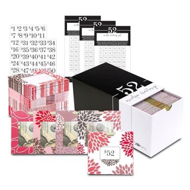 Imagem de ZipGifts Kit de Desafio de Economia de Dinheiro de 52 Envelopes de $1.378 | 56 envelopes de enchimento de cartão premium com janelas de plástico transparente, adesivos, 3 folhas de gol/marcação e caixa de gaveta (Dahlia)