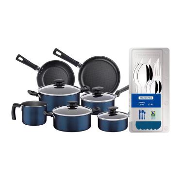 Imagem de Conjunto de Panelas 7 Peças Tramontina Bergamo Antiaderente e Tampas de Vidro - Azul + Faqueiro 12 Peças Leme com Lâminas em Aço Inox - Azul