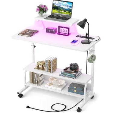 Imagem de Mesa de pé ajustável em altura com tomadas elétricas e luzes LED – Mesa de pé manual de 81 cm com suporte para monitor e prateleiras de armazenamento, pequena mesa móvel para computador, mesa portátil