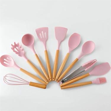 Imagem de Kit de Utensílios de Cozinha 12 Peças, Silicone Rosa com Cabo de Madeira, Inclui Colheres, Espátulas, Batedor e Suporte