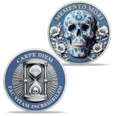 Imagem de Moeda Memento Mori – Moeda de desafio estóico azul gótico com design Carpe Diem, caveira de açúcar e ampulheta – Símbolo inspirador para presente de atenção plena, motivação e sobriedade