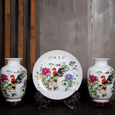 Imagem de Vaso de cerâmica três peças pequeno vaso decoração casa chinesa sala de estar armário de TV ornamentos arranjos de flores (2 vasos + pratos + base) (tamanho: G) (A)