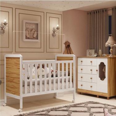 Imagem de Quarto de Bebê com Cômoda e Berço 100% Mdf Maya Provençal Espresso Móveis Branco Brilho/Amêndoa