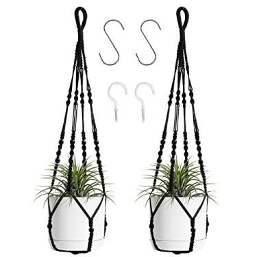 Imagem de Cabide de planta de macramê para pendurar em ambientes internos com contas de madeira plantadores de macramê sem borla para decoração de casa boho interior ao ar livre 35 polegadas (preto, 2 peças)