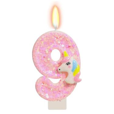 Imagem de FAMGift Velas de aniversário - Vela número 9, decorações de 9º aniversário para meninas, velas de unicórnio rosa para topo de bolo, material de festa com tema de desenho animado